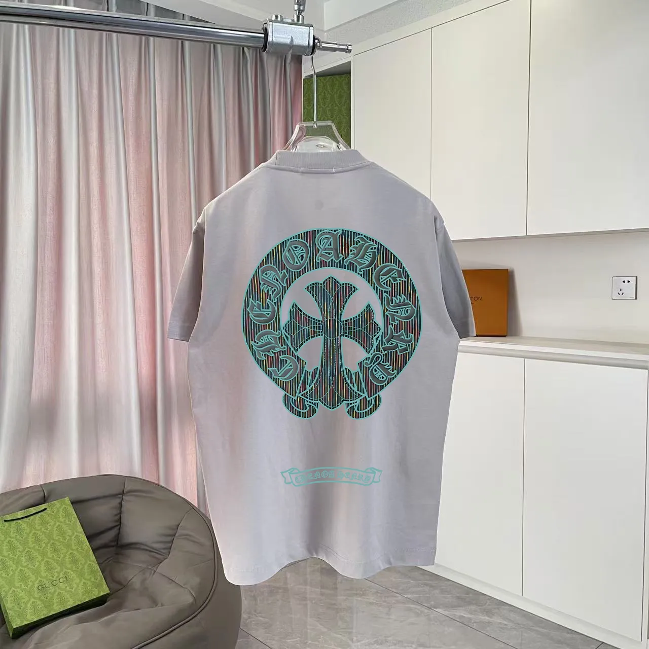 🅿️170 ch Crow*2025 summer new style Sanskrit cross horseshoe print short-sleeved T-shirt customized fabric 300g same style for men and women Size: S M L XL XXL five sizes Color: black white pink rose red iron gray